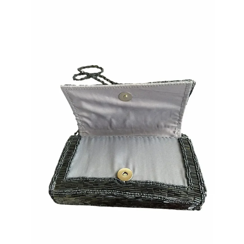 VTG Beaded Crossbody Evening Bag Gunmetal Floral Cocktail Purse Special Event